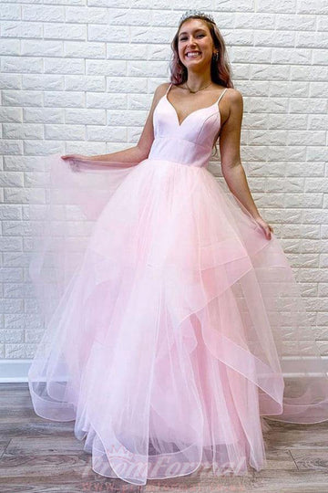 Pink Tulle Ruffles Spaghetti Straps Prom Dress JTA0931