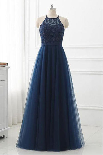 Navy Blue Lace Halter Neck Tulle Long Prom Formal Dress JTA1001