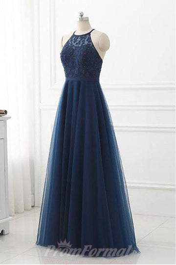 Navy Blue Lace Halter Neck Tulle Long Prom Formal Dress JTA1001