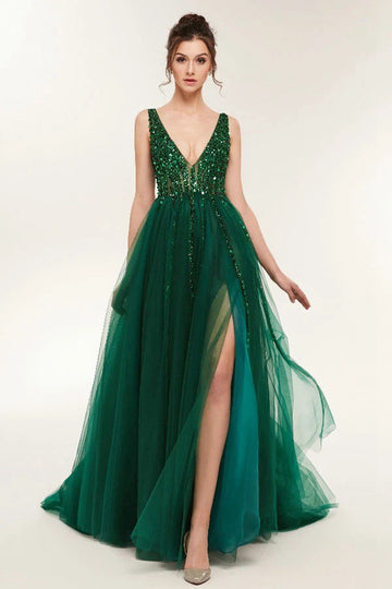 Dark Green V Neck Sexy Split Evening Dress JTA0031