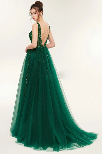 Dark Green V Neck Sexy Split Evening Dress JTA0031