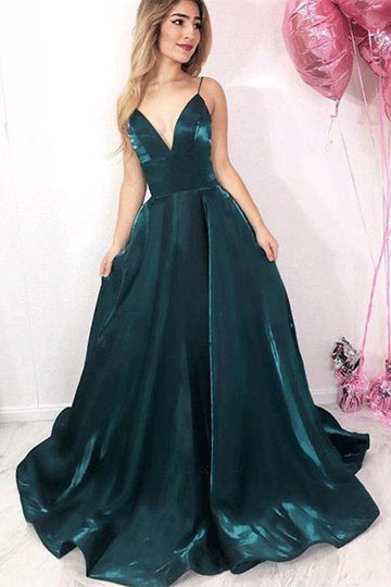 Dark Green Satin Long V Neck Prom Dress JTA1051