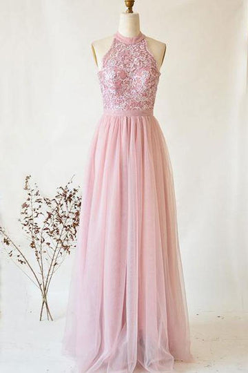 Pink Tulle Lace Halter Neck Long Junior Prom Dress JTA1061