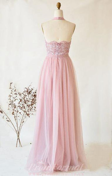 Pink Tulle Lace Halter Neck Long Junior Prom Dress JTA1061