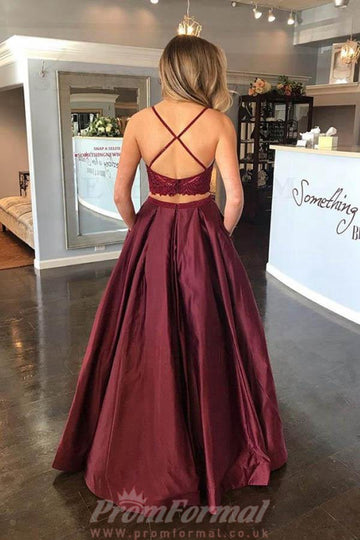 Two Piece A Line Burgundy Satin Spaghetti Straps Prom Dress JTA1091