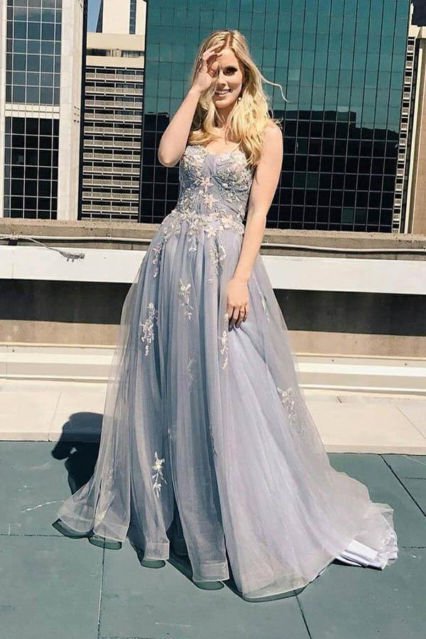 A Line Spaghetti Straps Lace Appliques Gray Prom Dress JTA1101