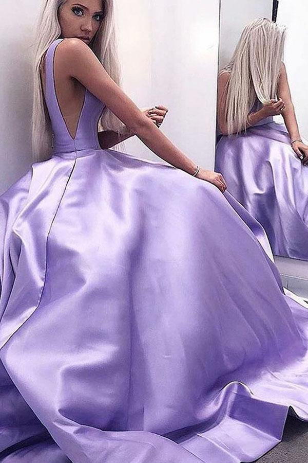A Line V Neck Backless Sweep Train Lilac Satin Prom Gown Party Dress JTA1141