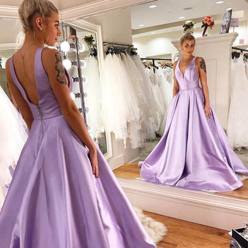 A Line V Neck Backless Sweep Train Lilac Satin Prom Gown Party Dress JTA1141