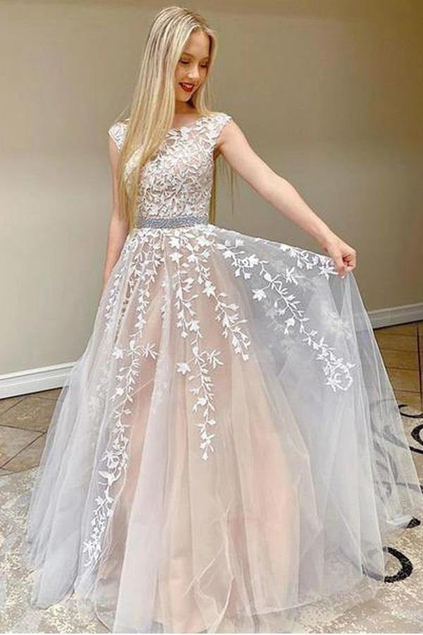 A Line Champagne Tulle Prom Dress With Lace Applique JTA1151