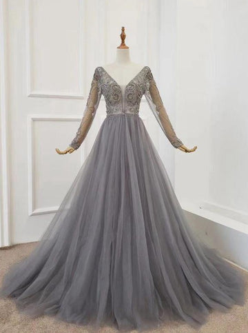 Princess Long Sleeve Gray Tulle Prom Formal Dress JTA1191