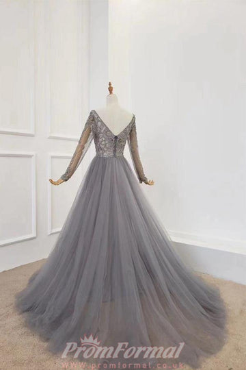 Princess Long Sleeve Gray Tulle Prom Formal Dress JTA1191