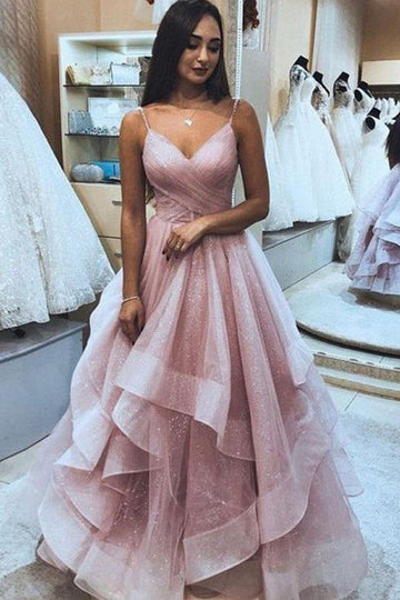 Princess A Line Spaghetti Strap Tier Pink Prom Dress JTA1241