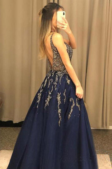 V Neck Navy Blue Tulle Long Prom Dress With Beading JTA1251