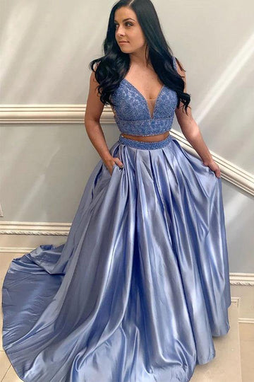 Two Piece V Neck Blue Satin Prom Dress JTA1261