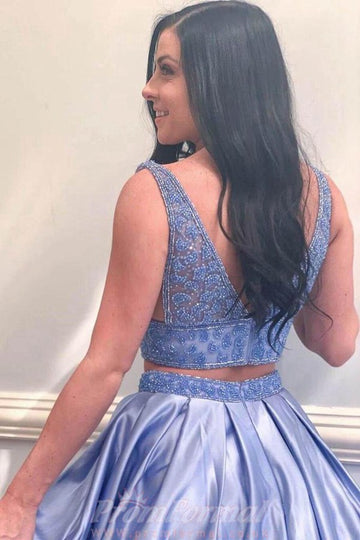 Two Piece V Neck Blue Satin Prom Dress JTA1261