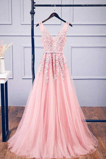 A Line V Neck Pink Tulle Lace Pink Formal Dress JTA1271
