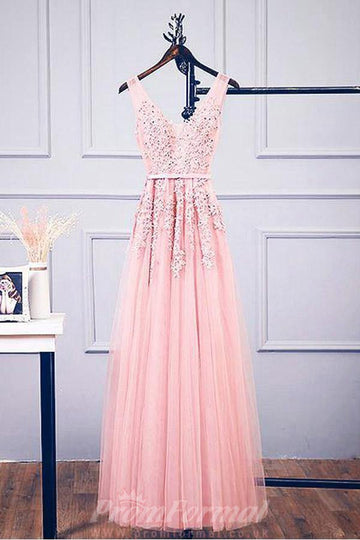 A Line V Neck Pink Tulle Lace Pink Formal Dress JTA1271