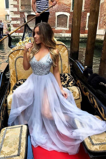 A Line V Neck Light Blue Prom Dress JTA1311