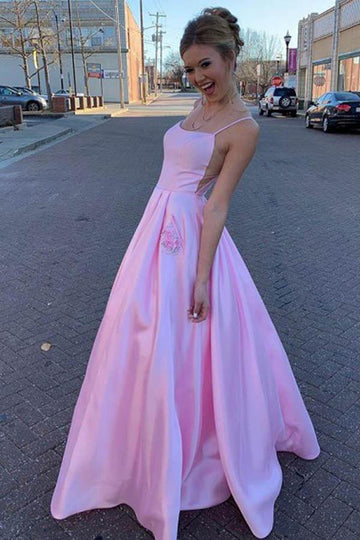 A Line Satin Floor Length Pink Prom Dress With Pockets JTA1331