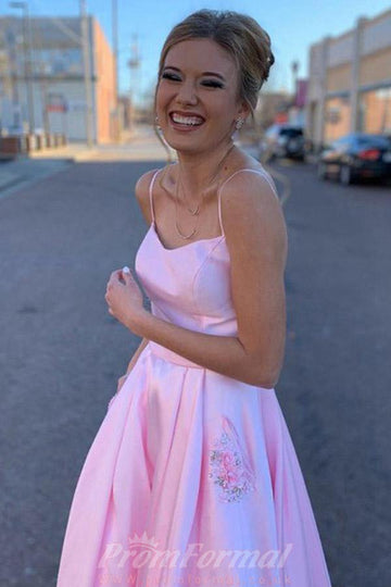 A Line Satin Floor Length Pink Prom Dress With Pockets JTA1331