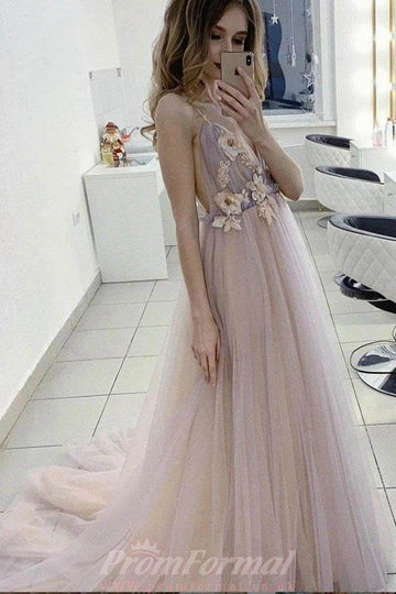 A Line V Neck 3D Flower Pink Tulle Prom Dress JTA1361