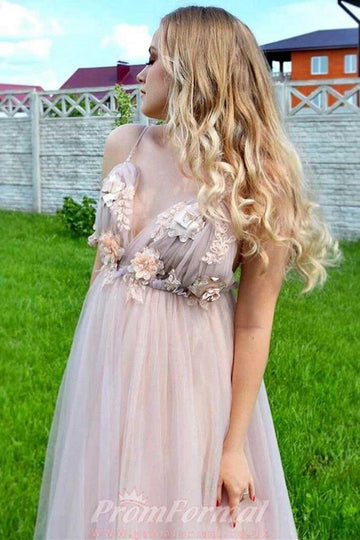 A Line V Neck 3D Flower Pink Tulle Prom Dress JTA1361