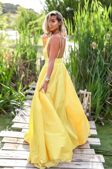 A Line Deep V Neck Yellow Prom Dress JTA1441