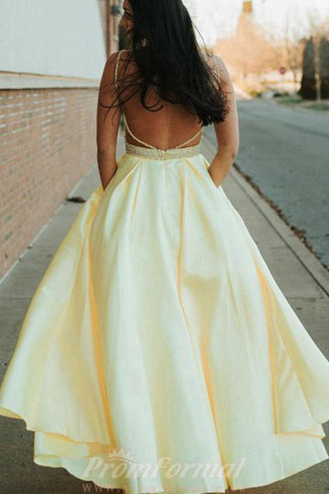 A Line Spaghetti Straps Yellow Prom Dress With Beading JTA1451