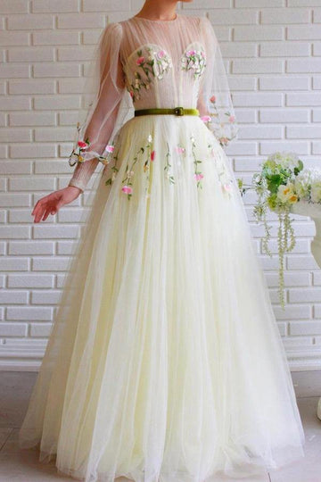 Princess Illusion Lemon Yellow Long Sleeve Tulle Prom Dress JTA1481