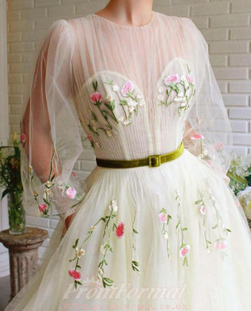 Princess Illusion Lemon Yellow Long Sleeve Tulle Prom Dress JTA1481