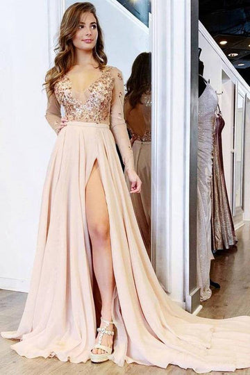 A Line V neck Long Sleeve Light Champagne Evening Dress  JTA1491