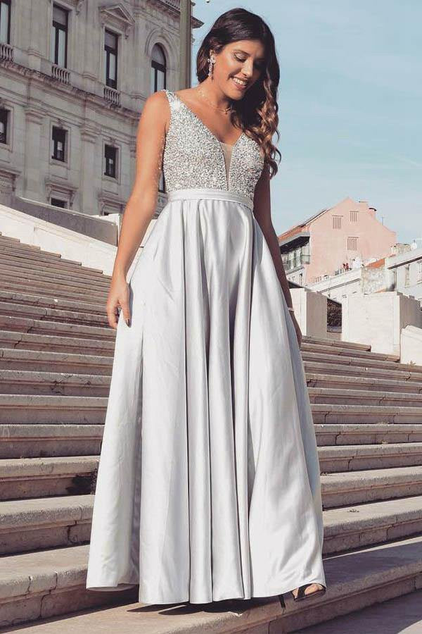 V Neck A Line Prom Dress White Grey Satin Prom Dress JTA1501