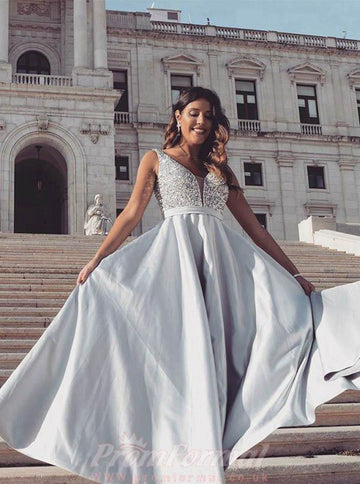 V Neck A Line Prom Dress White Grey Satin Prom Dress JTA1501