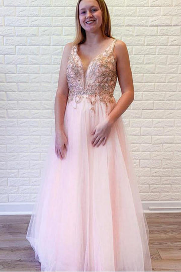 A Line Pink Tulle V Neck Beading Crystal Prom Dress JTA1511