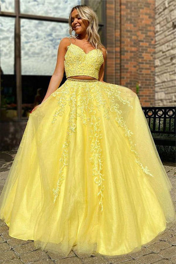 Straps Two Piece Yellow Lace Prom  Dress JTA1531
