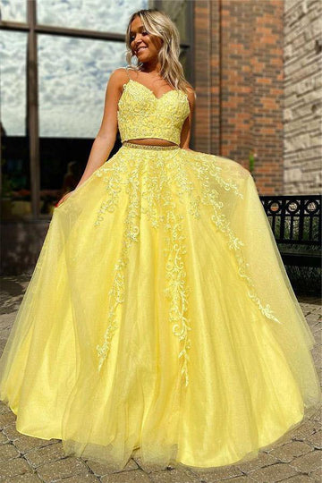 Straps Two Piece Yellow Lace Prom Dress JTA1531 - Main Image