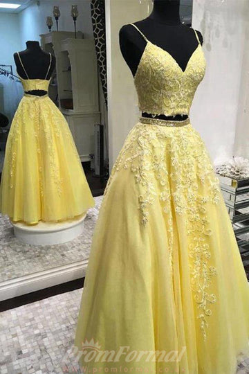 Straps Two Piece Yellow Lace Prom  Dress JTA1531