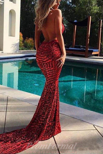 Sexy V neck Mermaid Burgundy Sequin Evening Dress JTA1541