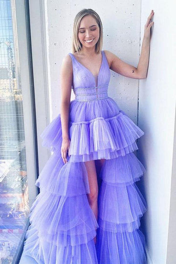 V Neck Lilac High Low Tulle Prom Dress JTA1551