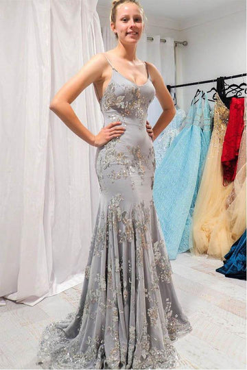 Mermaid Silver Gray Prom Evening Dress with Open Back JTA1611