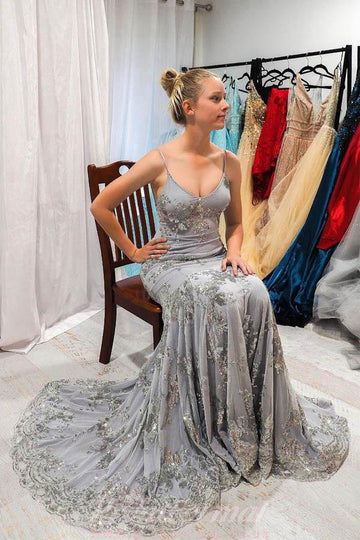 Mermaid Silver Gray Prom Evening Dress with Open Back JTA1611