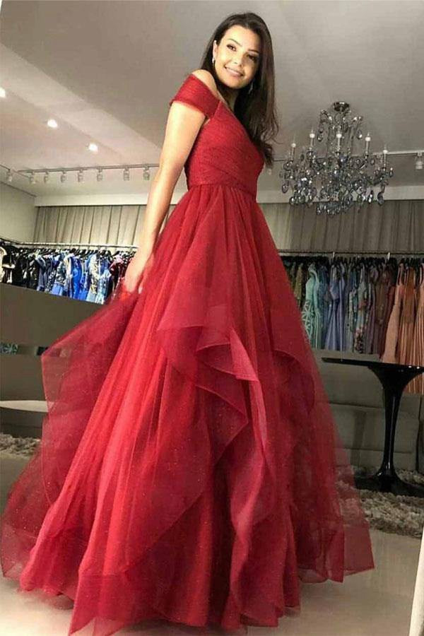 Princess Off The Shoulder Tiered Red Prom Dress with Pleats JTA1621