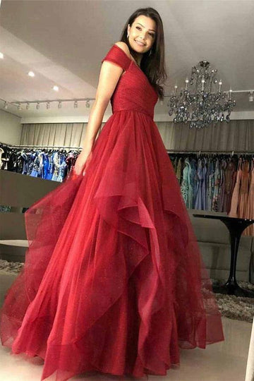 Princess Off The Shoulder Tiered Red Prom Dress with Pleats JTA1621