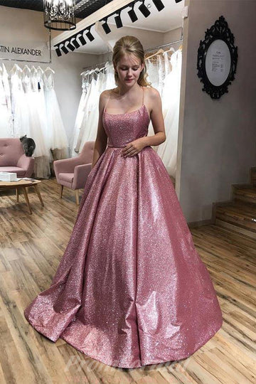 A Line Spaghetti Straps Sparkle Pink Prom Dress with Pockets JTA1631