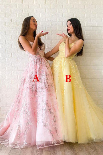 A Line Modest Tulle Appliques Lace Prom Dress JTA1651