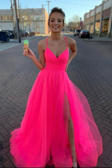 A Line V Neck Hot Pink Tulle Prom Dress JTA1701