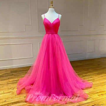 A Line V Neck Hot Pink Tulle Prom Dress JTA1701