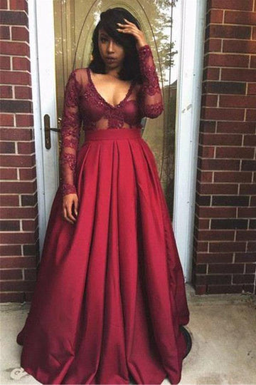 A Line V Neck Satin Burgundy Long Sleeve Prom Dress JTA1751