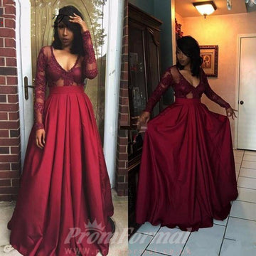 A Line V Neck Satin Burgundy Long Sleeve Prom Dress JTA1751