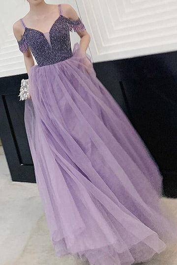 A Line Beaded Lavender Long Party Dress JTA1821